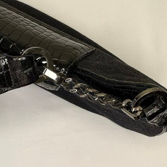 Worth Flannel & Patent Leather Shoulder Bag | Gray Black | Y2K Crescent Purse - Picture 3 of 10